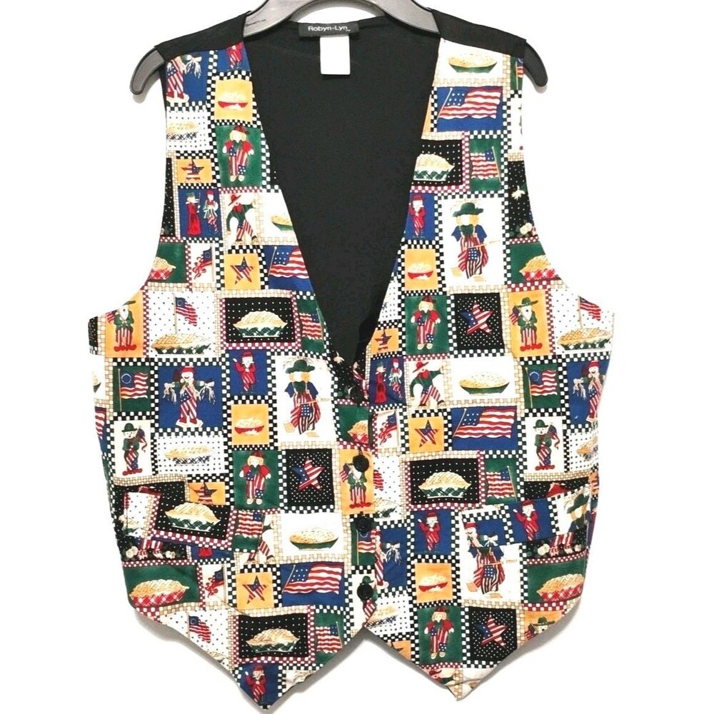90s Robyn-Lyn Vest L Patchwork USA Flag Patriotic Red White Blue Vintage 4th